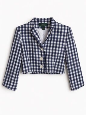 Lauren Ralph Lauren Silk Gingham Cropped Blazer Jacket Blue White Size 6 Preppy